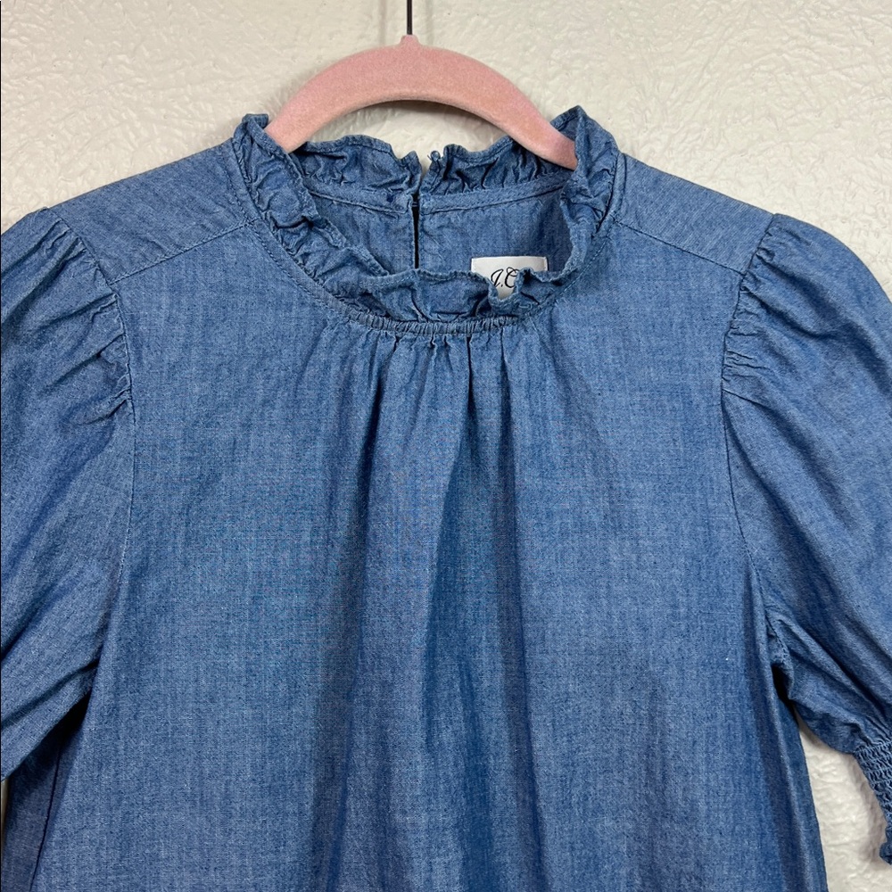 J. Crew Chambray Ruffle Neckline Short Ruffle Sleeve Top XXS - Picture 5 of 7